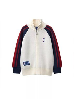 Champion Cream Full-Zip Track Jacket with Navy & Red Stripe Sleeves